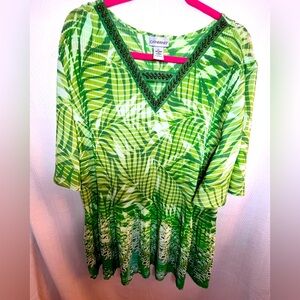 Catherines Vibrant Green Leaf Print Tunic accordion pleats beaded v neck 3X